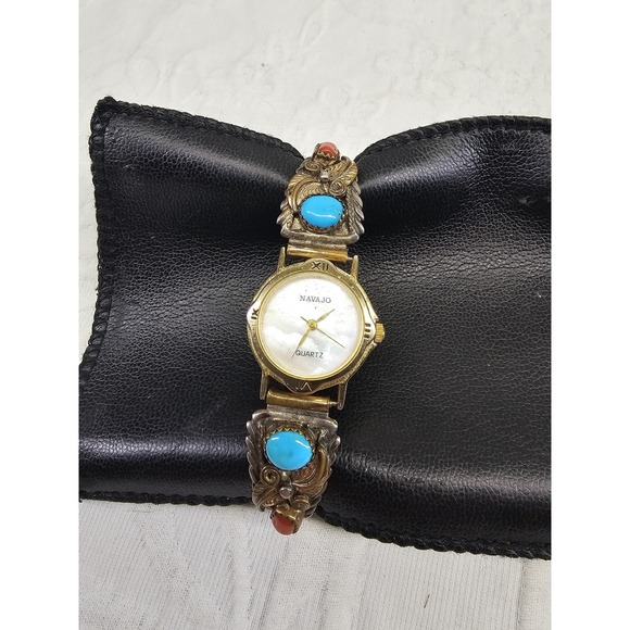 Navajo Sterling Silver Turquoise Coral Quartz Women's Watch 12k Gold filled